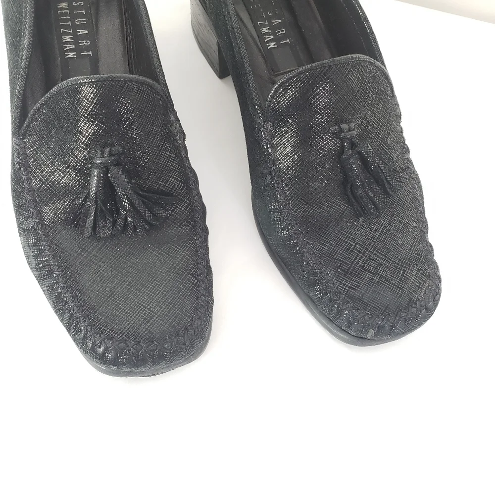 Stuart Weitzman black suede and leather chunky heel loafer metallic sheen 7.5